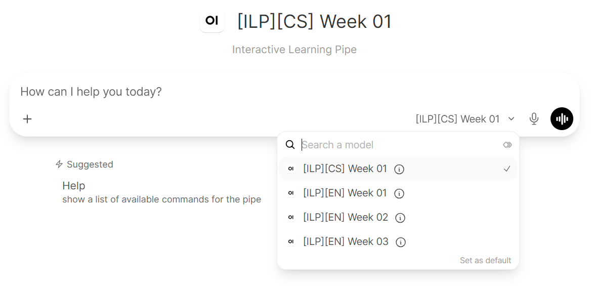 Example: the Pipe (chat) selector next to the chat prompt box